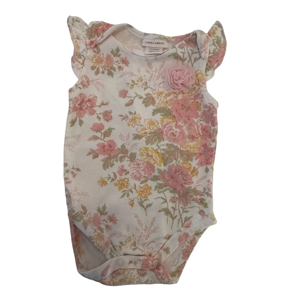 Laura Ashley Baby Girls Floral Ruffle Bodysuit Pink Yellow Rosette 6-9 Months